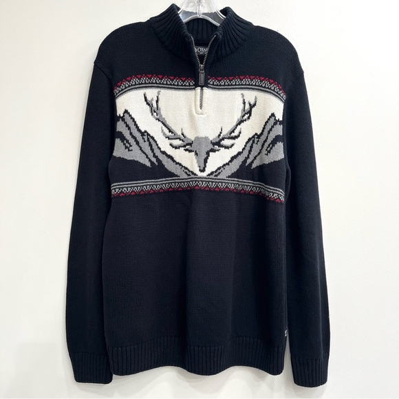 Chaps Sweater Men’s Large Black Fair Isle Deer Skull  Sweater Quarter Zip - Picture 1 of 6